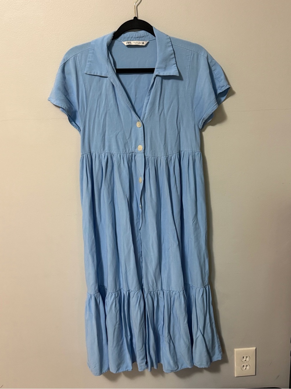 Zara Women’s Small Blue Tiered Midi Dress Button Front Collared Short Sleeve